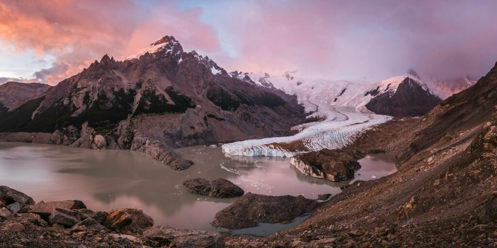 Dramatic sky over Torre Glacier and laguna in Los Glaciares National Park, Patagonia, Argentina